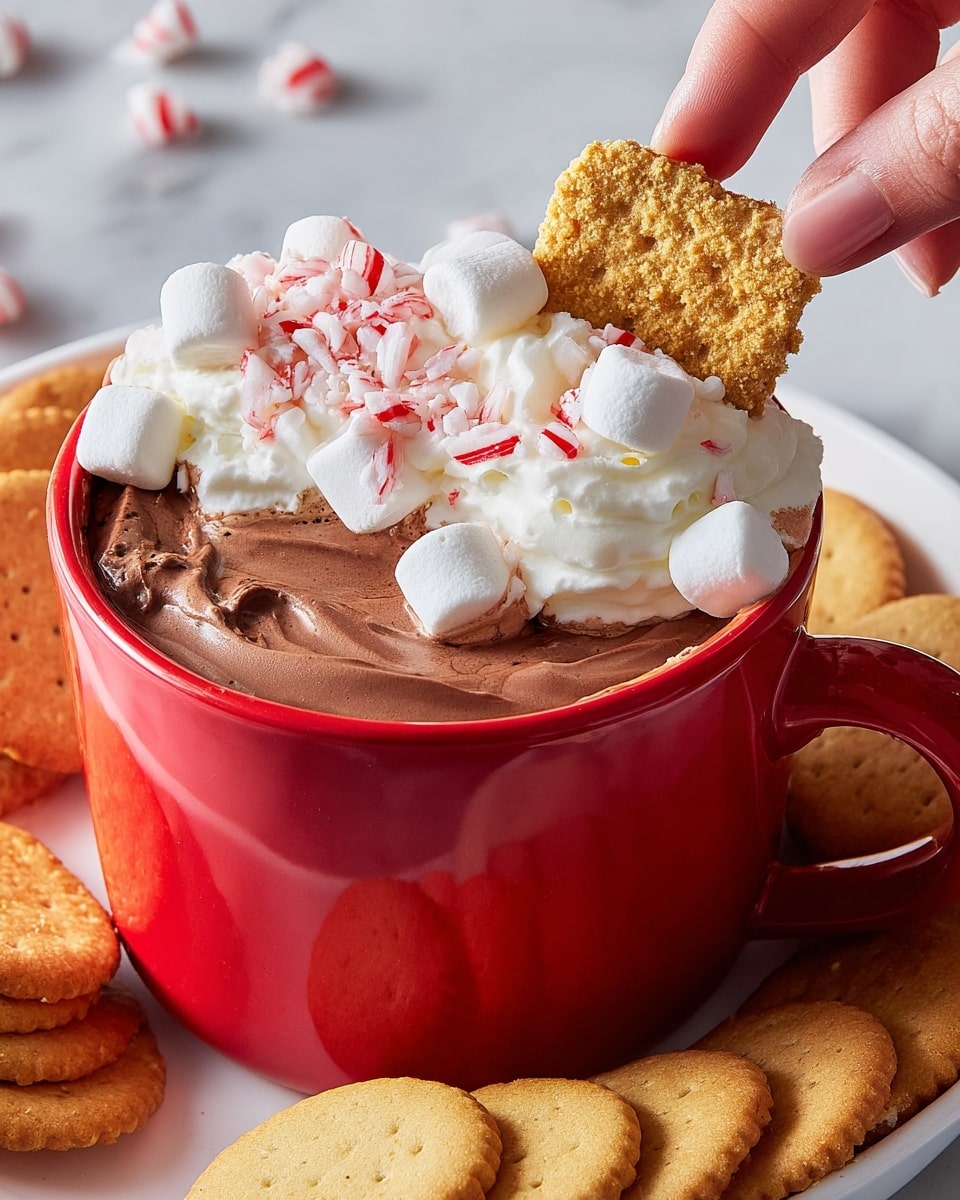 A red cup filled with three layers: the bottom layer is smooth, dark brown chocolate mousse that slightly overflows the cup's edge, the middle layer is topped with fluffy white whipped cream, and the top layer is decorated with small white marshmallows and red-and-white striped crushed candy cane pieces scattered on the whipped cream. A woman's hand is dipping a square golden brown graham cracker into the mousse. The cup sits on a white plate with golden round cookies and more square graham crackers arranged around it, all set on a white marbled surface. Photo taken with an iphone --ar 4:5 --v 7