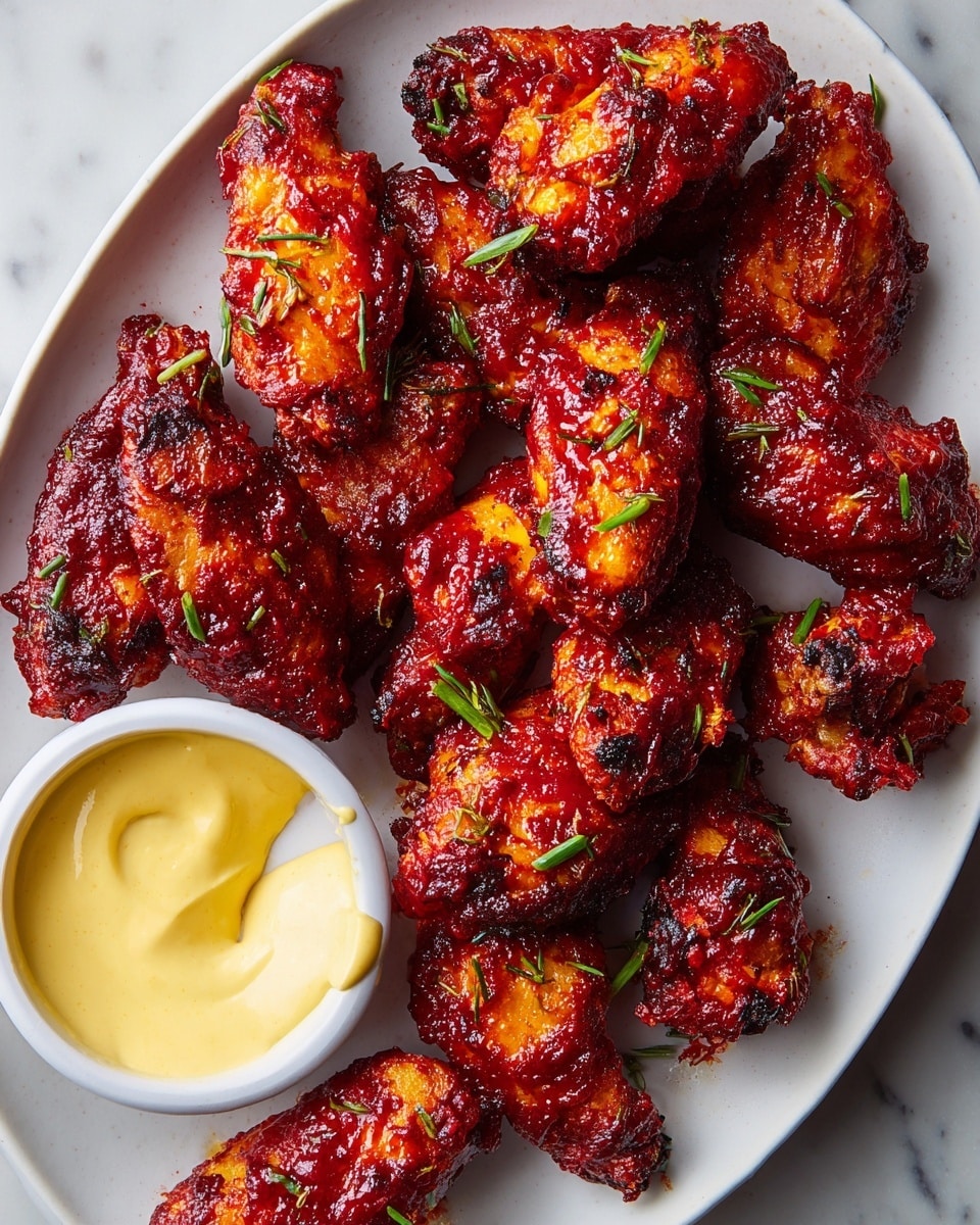 The image shows a white oval plate filled with crispy chicken wings coated in a rich, deep red sauce that looks sticky and slightly charred in places. The wings are scattered evenly across the plate with small green chive pieces sprinkled on top, adding a fresh color contrast. On the right side of the plate, there is a small white container filled with a smooth, creamy yellow dipping sauce, with one chicken wing partially dipped into it. The plate rests on a white marbled surface, enhancing the bright colors of the dish. photo taken with an iphone --ar 4:5 --v 7