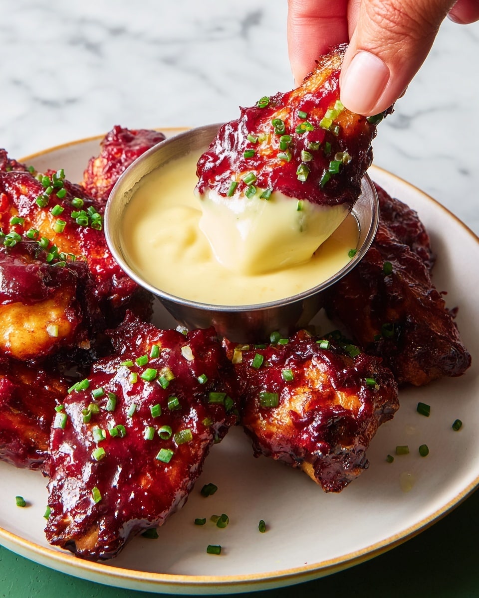 A close-up image shows several chicken wings covered in a thick, dark red sauce with green chives sprinkled on top, placed on a white plate with a slight gold rim. One wing is held by a woman's hand, being dipped into a small silver cup filled with creamy, pale yellow sauce. The chicken wings have a crispy texture underneath the sauce, and the chives add small pops of green color to the rich red and golden hues. The background is a white marbled texture. photo taken with an iphone --ar 4:5 --v 7