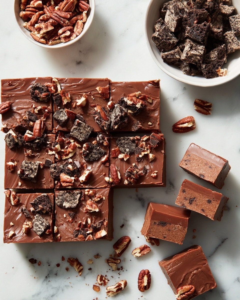 Two square pieces of rich chocolate fudge are stacked on top of each other against a simple white marbled background. Each piece has a smooth, dense brown texture filled with small dark chocolate chunks and pieces of light-colored nuts unevenly spread inside. The top piece also has small bits of crushed dark chocolate and nuts sprinkled on its flat surface. The edges are clean but slightly crumbly. photo taken with an iphone --ar 4:5 --v 7