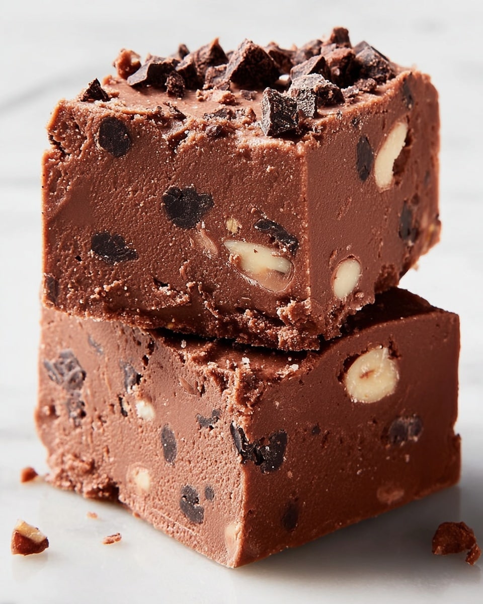 The image shows a thick square block of chocolate fudge cut into smaller squares, placed on a white marbled surface. The fudge has one main rich, glossy brown layer with a smooth texture mixed with chunks of dark, crumbled cookies and reddish-brown pecan nuts evenly spread on top and inside the fudge. To the right, a white bowl is filled with more cookie pieces, and at the bottom left, another white bowl holds more whole and chopped pecans. Four squares of fudge are stacked in the bottom right corner, showing the dense texture and embedded nuts on the sides. Some crumbs and small pieces are scattered around the fudge and bowls. photo taken with an iphone --ar 4:5 --v 7