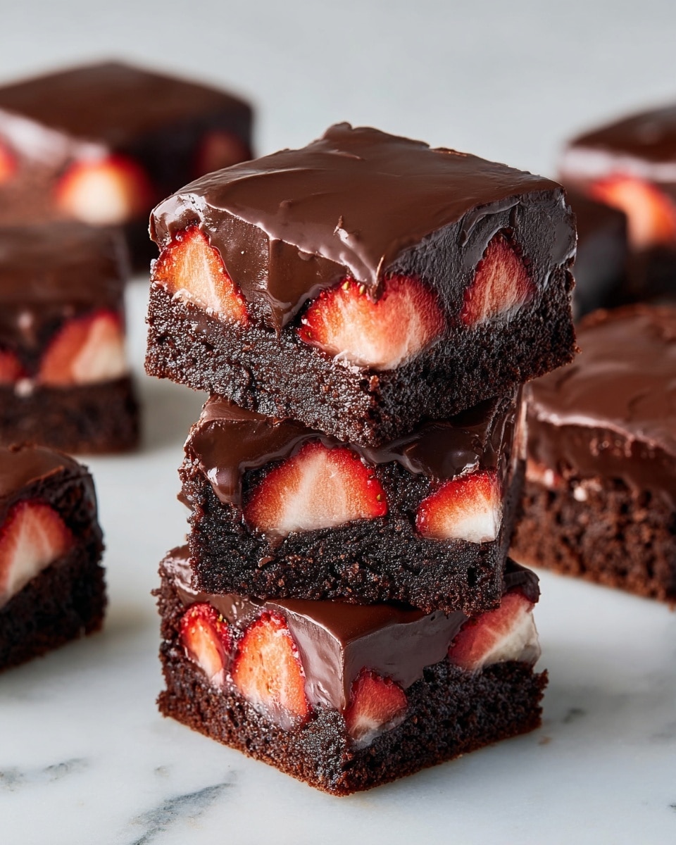 The image shows three square chocolate brownies stacked on each other on a white marbled surface. Each brownie has three distinct layers: a dense, dark brown chocolate cake base with a soft texture, a middle layer with fresh strawberry halves embedded horizontally showing their red and white inner parts, and a thick, glossy dark chocolate ganache topping that covers the whole top and drips slightly on the sides. More brownies with the same layers are placed around them in the background. Photo taken with an iphone --ar 4:5 --v 7