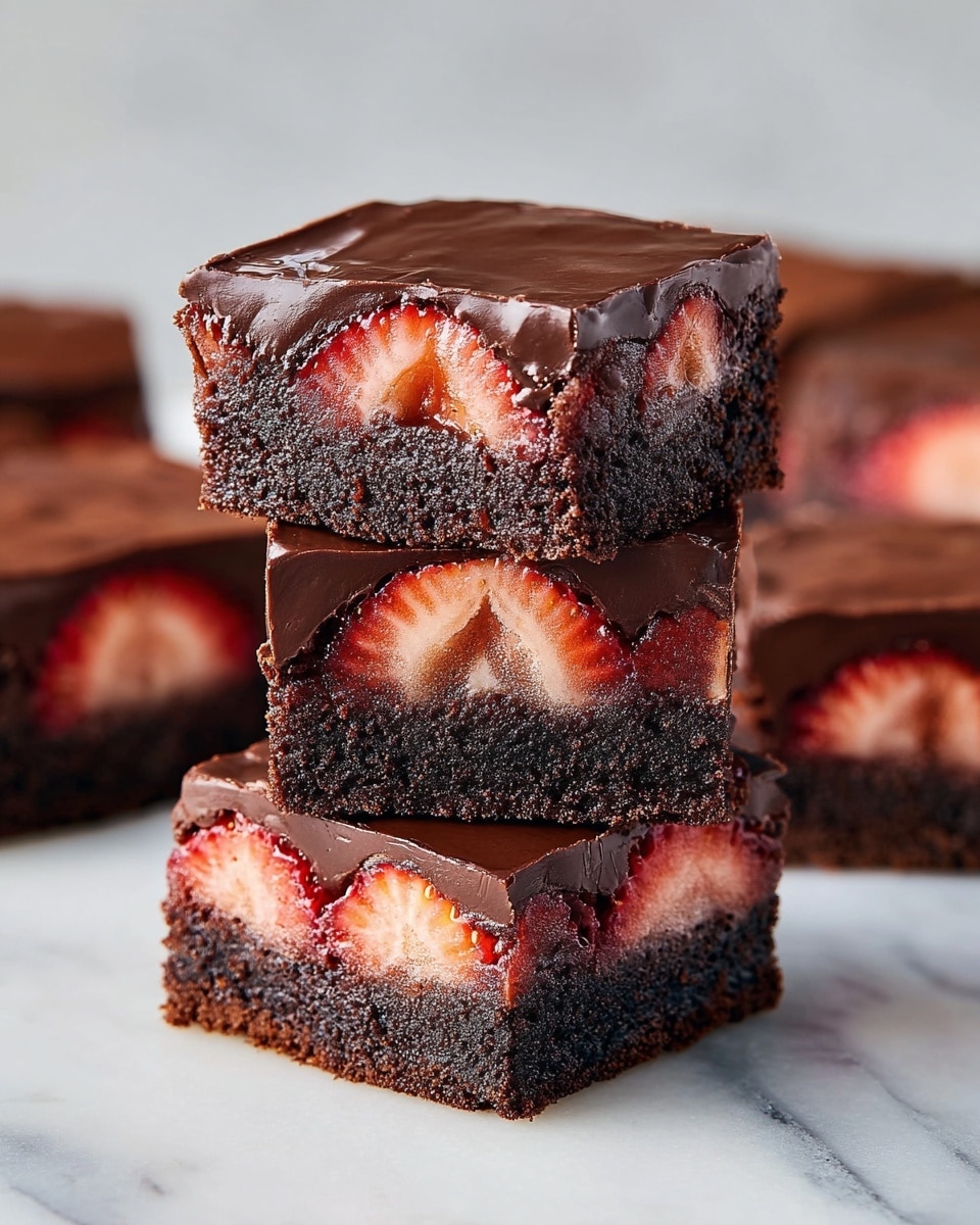 The image shows a stack of three chocolate brownies with fresh strawberry halves inside, placed on a white marbled surface. Each brownie has two layers: the bottom is a dense, dark brown chocolate cake base with a moist texture, while the top layer is a rich, thick chocolate ganache that glistens smoothly. The strawberries, vibrant red with a juicy texture, are partially visible, embedded horizontally between the two layers near the front edge. Additional brownies with similar layers and strawberry pieces are visible softly blurred in the background. The photo taken with an iphone --ar 4:5 --v 7
