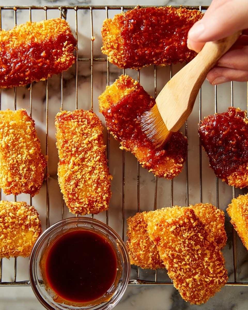 The image shows several rectangular crispy pieces of fried food on a metal cooling rack placed over a white marbled surface. Most of the pieces have a dark reddish-brown crust from a sticky sauce being brushed onto their top surfaces. One piece in the lower left corner is golden and crunchy without the sauce. A woman's hand is holding a wooden brush applying the sauce to one of the pieces at the top right. Below the rack, there is a small clear glass bowl filled with the same red sauce. The overall look is warm and appetizing, highlighting the texture and shine of the sauce on the fried pieces. photo taken with an iphone --ar 4:5 --v 7