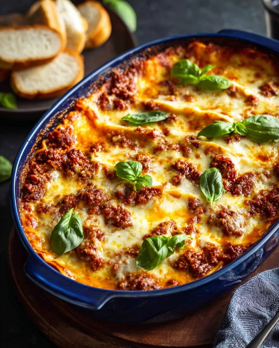 A deep blue oval ceramic dish holds a baked lasagna with three distinct layers visible: the bottom layer is a rich, reddish-brown meat sauce with small chunks of ground meat, topped by a creamy, smooth yellow-orange cheese layer, and finished with a generous melted golden-white cheese layer that is slightly browned in spots. Fresh bright green basil leaves are scattered over the top, adding color contrast. The dish is on a dark surface with a wooden board nearby, and slices of bread are on the side. photo taken with an iphone --ar 4:5 --v 7