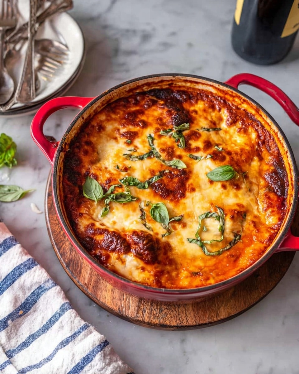 A round red pot filled with a baked dish that has three visible layers: a golden-brown melted cheese top layer with some darker, crispy spots, scattered green basil leaves garnishing the surface, and underneath, a thick orange tomato sauce layer with hints of melted white cheese peeking through. The pot sits on a round wooden board placed on a white marbled surface. Nearby, there is a white cloth with blue stripes partially visible, a plate with three forks stacked on it, and a bottle of wine. photo taken with an iphone --ar 4:5 --v 7