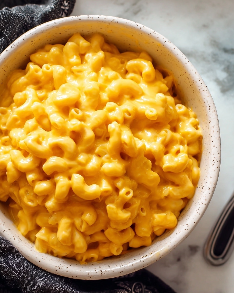 A close-up view of a single bowl filled with creamy macaroni and cheese. The bowl is white with small brown speckles and rounded edges. Inside, there is one thick layer of elbow macaroni pasta covered fully in bright orange, smooth, and glossy cheese sauce that looks rich and creamy. The bowl sits on a white marbled surface with a dark cloth partially showing on the left side. Photo taken with an iphone --ar 4:5 --v 7