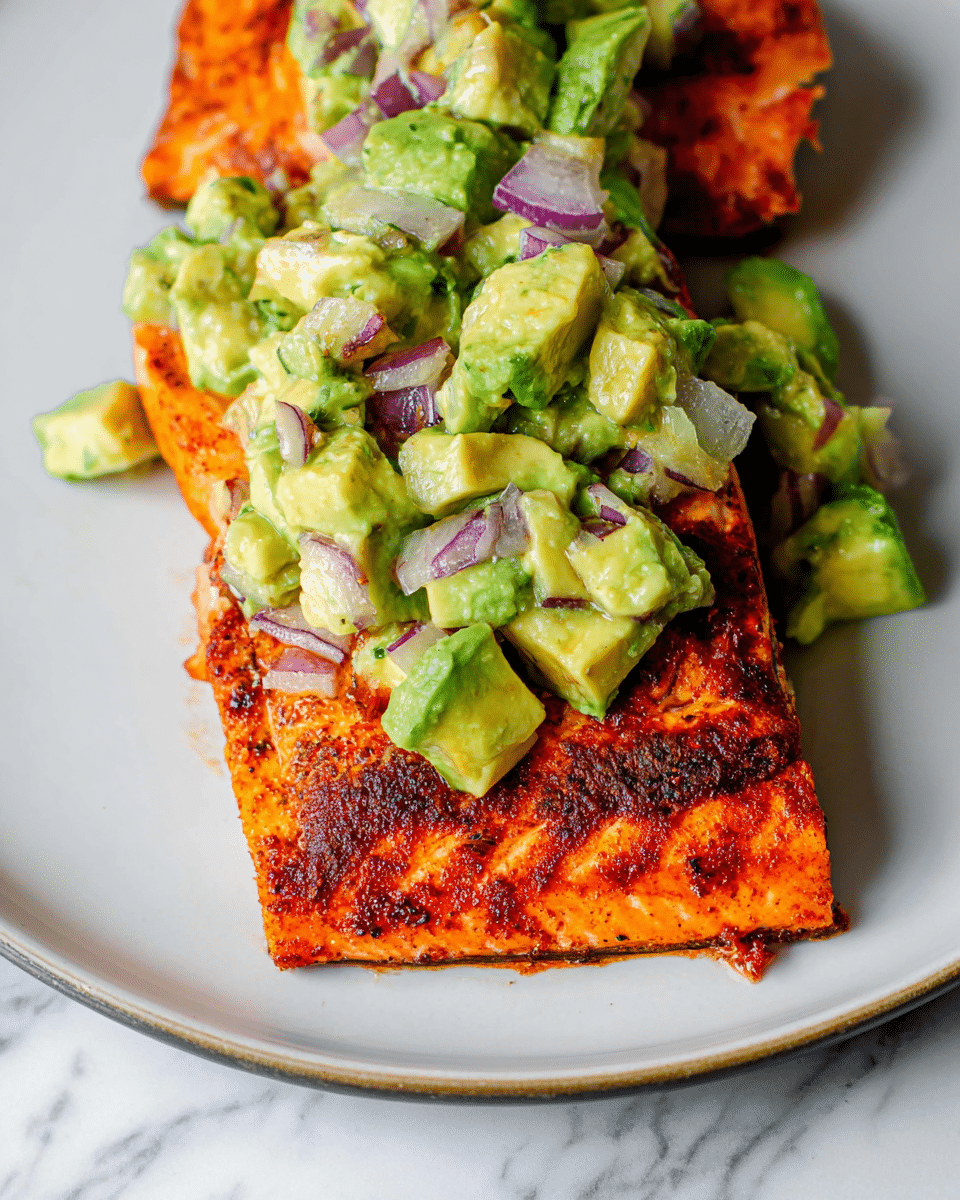 The image shows a dish with two main layers arranged on a white plate. The bottom layer consists of grilled salmon fillets with a rich orange color, slightly charred and textured from seasoning and grilling, showing some flakes coming apart on one side. On top of the salmon is a chunky avocado salsa made of light green avocado pieces and small purple and white onion chunks, giving a contrast in texture and color with creamy and crisp elements. The white marbled surface around the plate adds a clean, bright background to highlight the food photo taken with an iphone --ar 4:5 --v 7