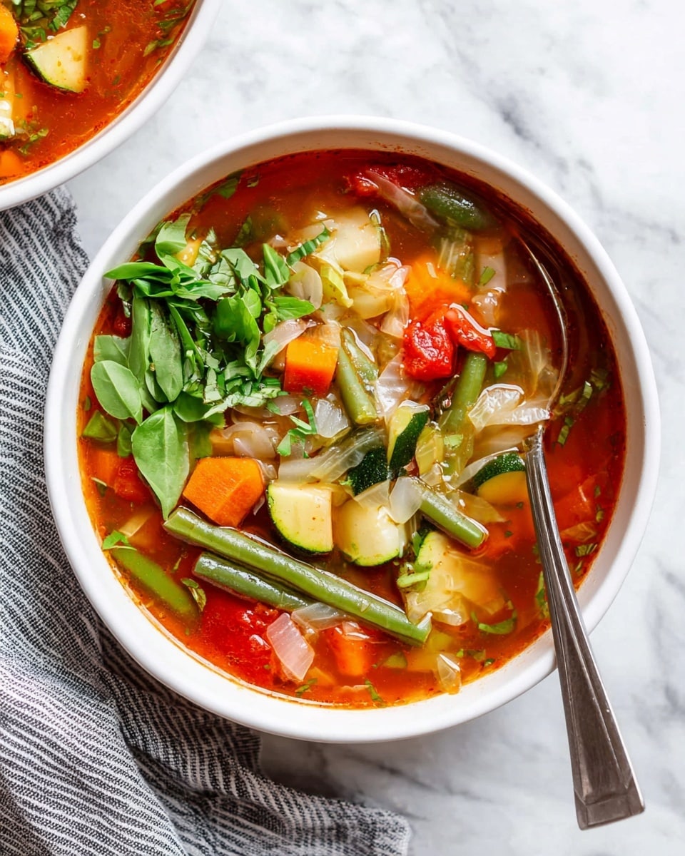 A white bowl is filled with a clear red broth soup that has many colorful vegetables in it. The soup has three main layers visible from the top: bright green beans and green zucchini pieces, white cabbage shreds, and small orange carrot cubes mixed in the red broth. Fresh green herbs sit on the left side of the bowl, adding a bright green touch. A silver spoon rests on the bowl’s right edge, partially in the soup. The bowl is placed on a surface with a white marbled texture, next to a grey and white striped cloth. Photo taken with an iphone --ar 4:5 --v 7
