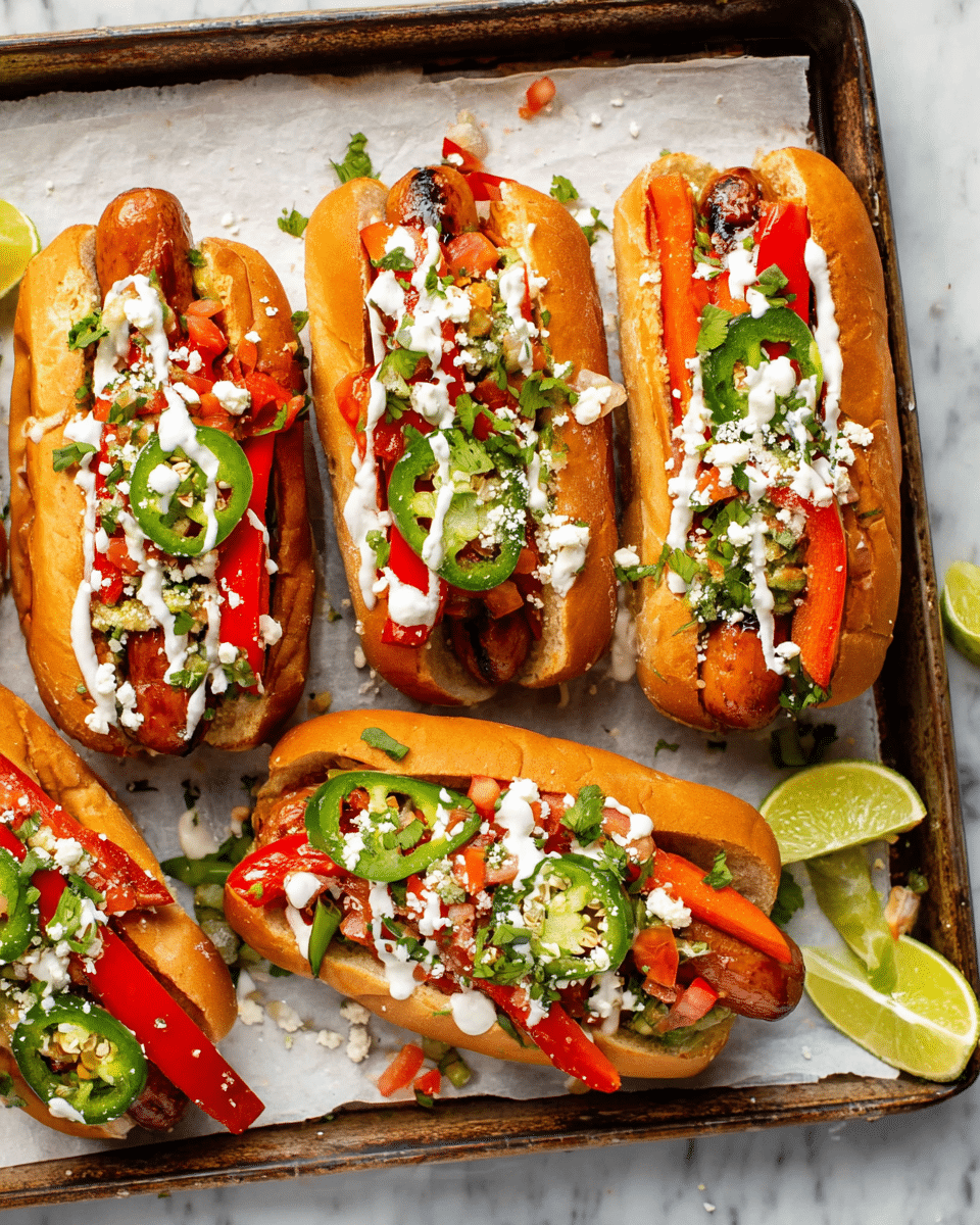 The image shows two hot dogs with four layers each placed on white parchment paper over a white marbled surface. The bottom layer is a soft golden brown bun, slightly toasted. Inside the bun, there is a browned grilled sausage with a smooth texture as the second layer. The third layer features sautéed colorful bell peppers and onions, red and green, adding a slightly glossy look. On top, there is a fresh topping of diced red tomatoes, chopped green herbs, and crumbled white cheese, giving a dry and crumbly texture. Scattered around the hot dogs are lime wedges, adding a bright green color contrast. Photo taken with an iphone --ar 4:5 --v 7