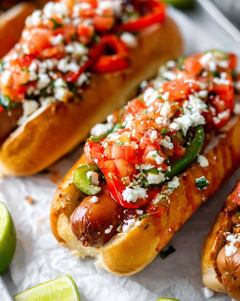 A baking tray with white paper holds four hot dogs in soft buns, each bun golden brown and slightly toasted. Inside each bun are grilled sausages topped with a mix of vibrant red bell pepper strips and bright green cooked jalapeño slices. The hot dogs are drizzled with white creamy sauce and sprinkled with crumbly white cheese and small pieces of fresh green herbs and diced red tomatoes. Around the hot dogs are lime wedges and scattered bits of tomato and cheese. The tray sits on a white marbled background. photo taken with an iphone --ar 4:5 --v 7