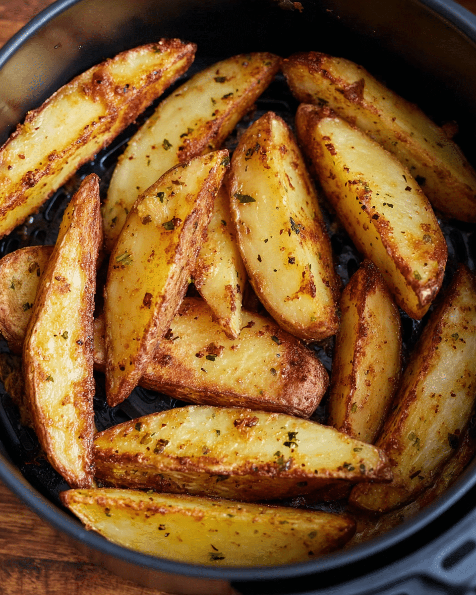 A close-up view of golden brown potato wedges arranged in a single layer inside a dark round air fryer basket. Each wedge has a crispy textured surface with light yellow flesh inside and browned edges. The wedges show some seasoning with small green herb specks scattered over them. The basket sits on a white marbled surface with a wooden texture visible in the background. Photo taken with an iphone --ar 4:5 --v 7
