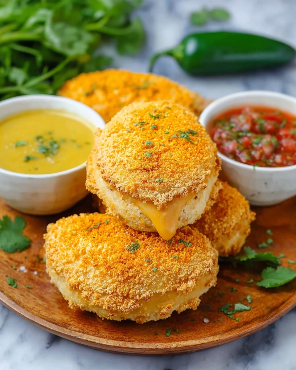 The image shows a stack of three golden orange crumb-coated pastries on a round wooden plate. Each pastry has a flaky light beige crust visible on the sides with a crispy, rough-textured crumb layer evenly spread on top and around the sides. Two small white bowls sit nearby, one with a smooth yellow sauce garnished with green herbs, the other with a chunky red salsa containing visible bits of herbs. Bright green cilantro leaves and a green jalapeño pepper appear blurred in the background over a white marbled surface. Photo taken with an iphone --ar 4:5 --v 7