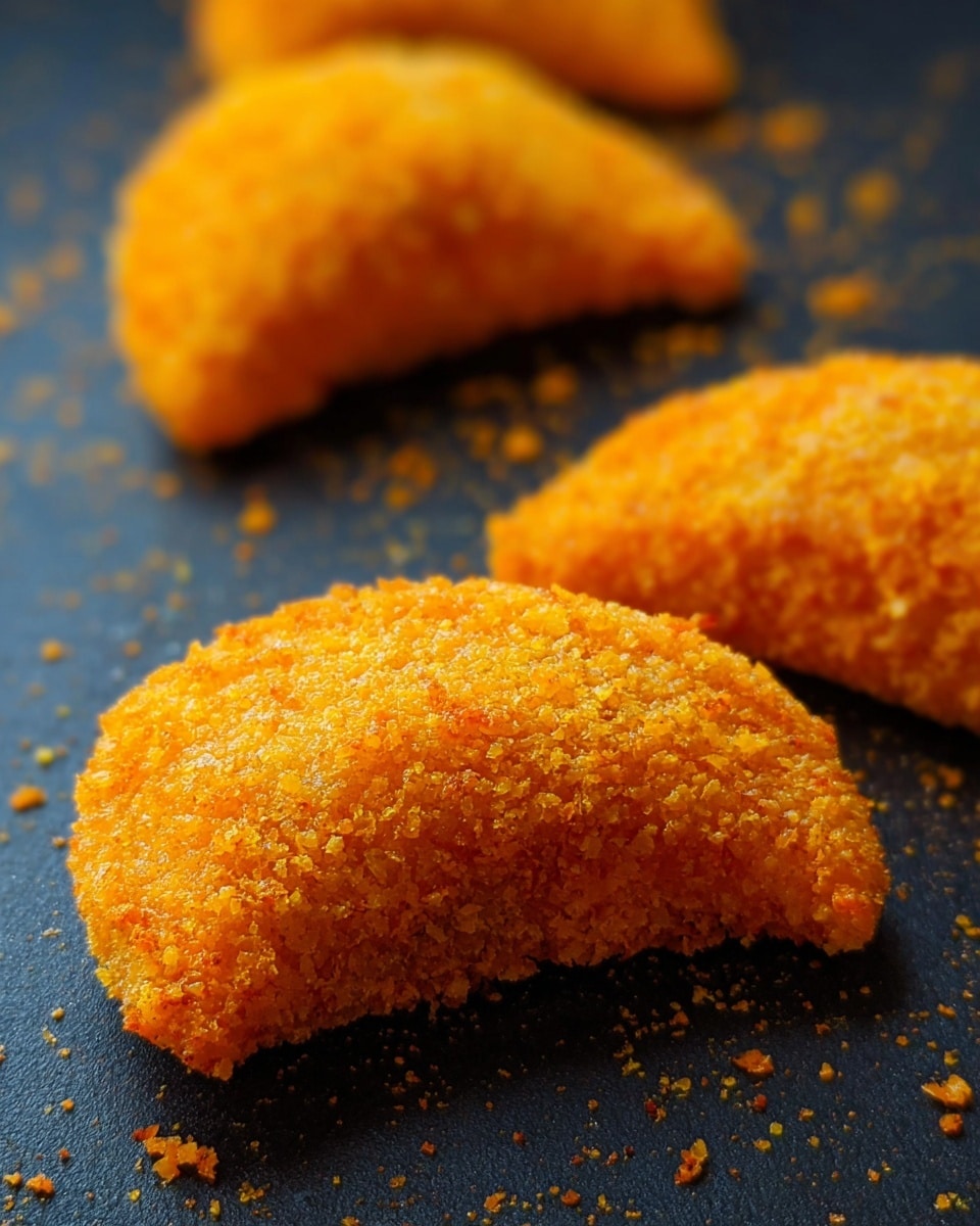 Three crescent-shaped golden orange breaded snacks are placed diagonally across a dark surface with a few crumbs scattered around them. The outer layer is rough and crunchy with a bright, uniform orange crumb coating. The snacks are arranged in close proximity with the nearest one sharply in focus and the two behind gradually becoming blurred, creating a depth effect. The dark surface contrasts with the vibrant orange color of the snacks, highlighting their texture and shape. photo taken with an iphone --ar 4:5 --v 7