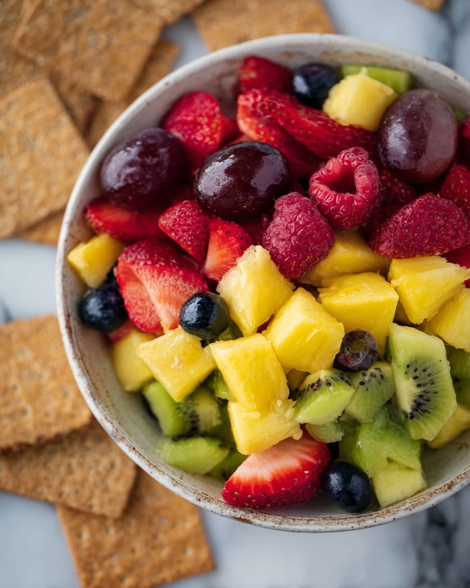 A close-up view of a white ceramic bowl filled with colorful mixed fruit salad. The salad has three main layers: at the bottom, small bright yellow pineapple chunks; the middle layer contains green kiwi pieces with tiny black seeds; and the top layer is a mix of red raspberries and sliced strawberries, along with dark purple halved grapes and blueberries. The textures vary from soft and juicy berries to firm and slightly translucent pineapple and kiwi. The bowl is placed on a white marbled surface with some scattered fruit pieces and brown crackers around it. photo taken with an iphone --ar 4:5 --v 7