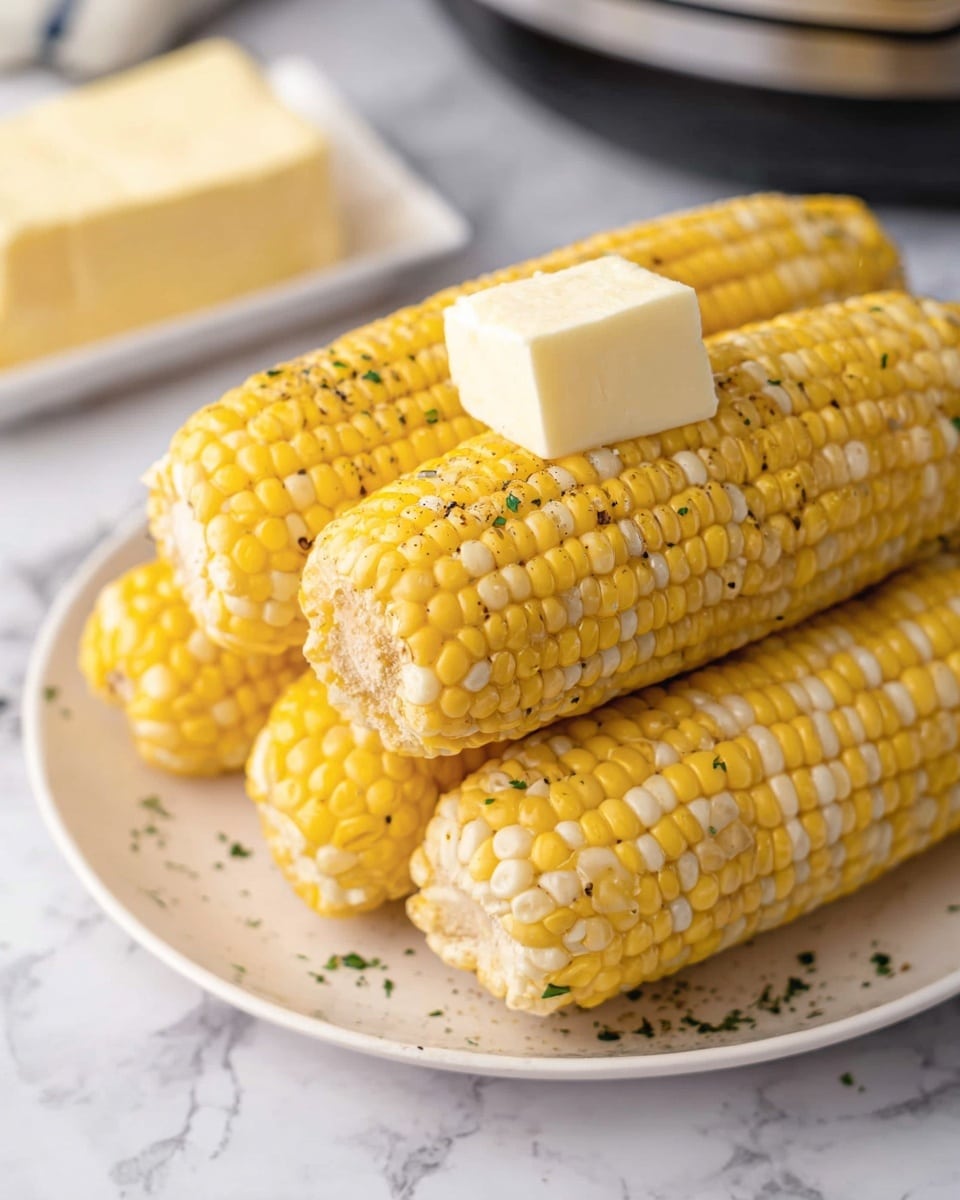 The image shows five ears of corn on a white plate, layered close together with three ears mostly yellow and two ears lighter, almost pale yellow. On top of the middle bright yellow ear, there is a square piece of pale yellow butter melting slightly. The corn kernels have a shiny, moist texture with small specks of black pepper and bits of green herbs sprinkled over them. The background is a white marbled surface with a blurred butter dish and a kitchen appliance visible in the back. photo taken with an iphone --ar 4:5 --v 7