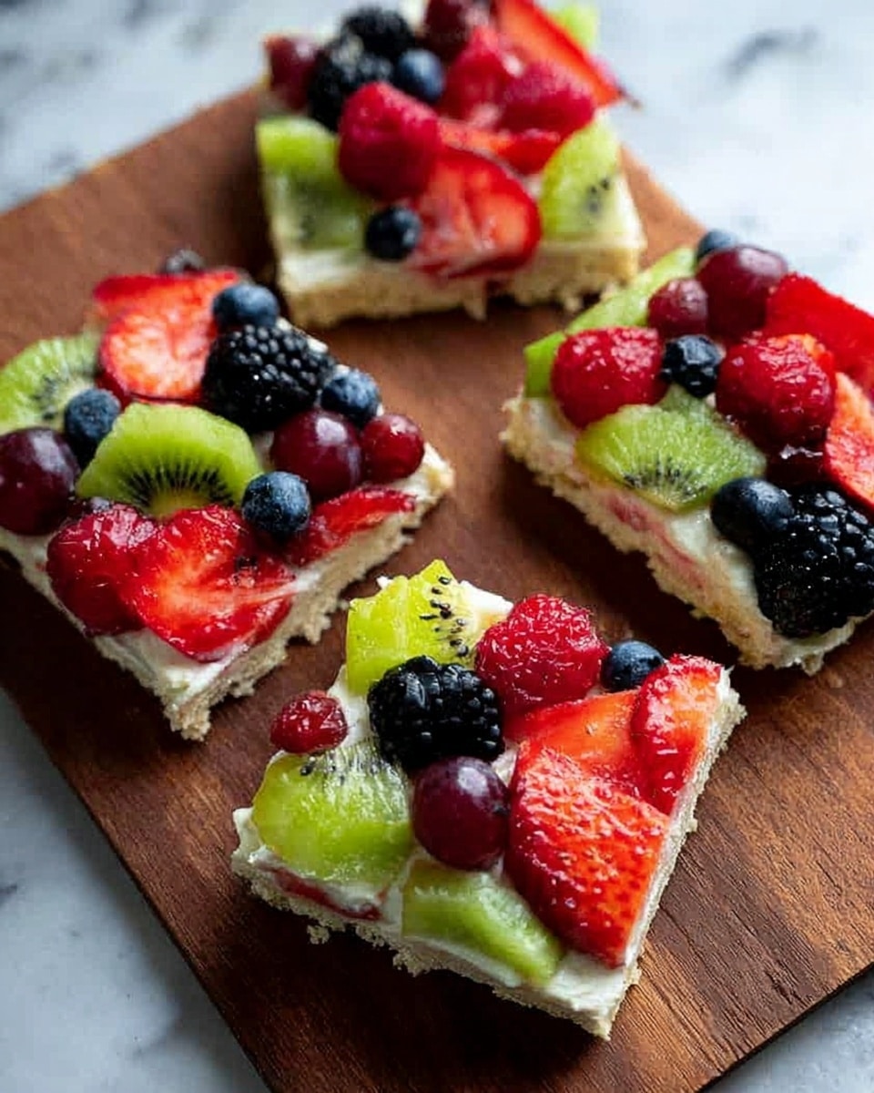 The image shows four slices of fruit pizza arranged on a wooden board. Each slice has three layers: a light brown cookie crust at the base with a slightly rough texture, a creamy white layer of icing spread evenly on top, and a colorful mix of fresh fruits as the top layer. The fruit layer includes bright red sliced strawberries laid across the base, clusters of red raspberries, small blackberries, dark blue blueberries, green kiwi chunks, and a few small red grapes, all placed closely together and slightly overlapping. The background is a white marbled surface. Photo taken with an iphone --ar 4:5 --v 7