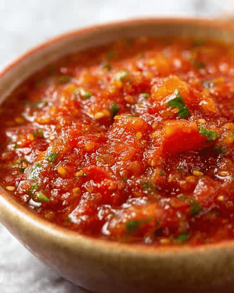 A close-up view of a small white bowl filled with chunky red salsa, showing pieces of tomato, green herbs, and tiny seeds mixed in, giving it a textured and fresh look. The salsa surface shines slightly, highlighting its moist and thick consistency, with visible bits of ingredients spread evenly. The background features a white marbled texture, softly out of focus. Photo taken with an iphone --ar 4:5 --v 7
