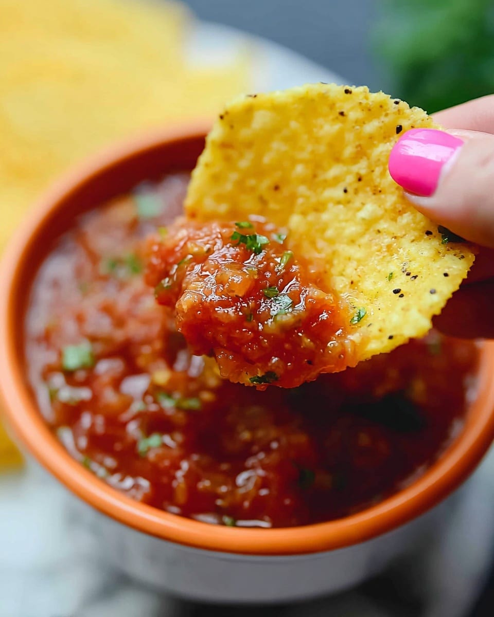 A close-up of a yellow corn chip with a textured surface and some black specks is being held by a woman's hand with pink nail polish. The chip is dipped partially in a chunky red salsa with visible green bits of herbs. The salsa is in a white bowl with an orange rim, sitting on a white marbled surface. The background is blurry with hints of green and gray. photo taken with an iphone --ar 4:5 --v 7