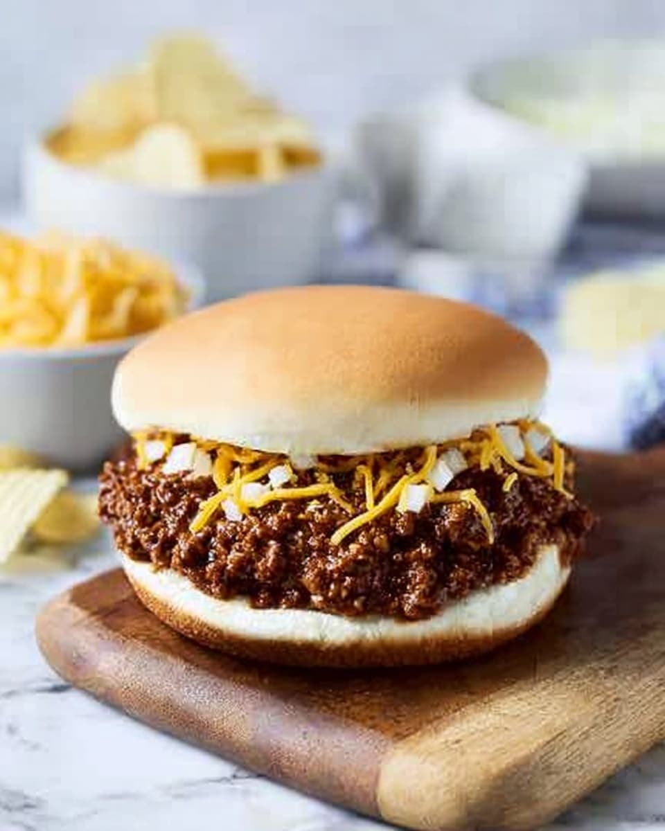 The image shows a sloppy joe sandwich placed on a wooden board over a white marbled surface. The sandwich has three visible layers: starting at the bottom, a white sandwich bun base is topped with a thick layer of dark brown minced meat soaked in sauce mixed with shredded yellow cheese and sprinkled bits of chopped white onions. The top layer is a soft, light-brown sandwich bun crown. Behind the sandwich, there are white bowls containing side dishes and a small pile of crinkled potato chips. Photo taken with an iphone --ar 4:5 --v 7