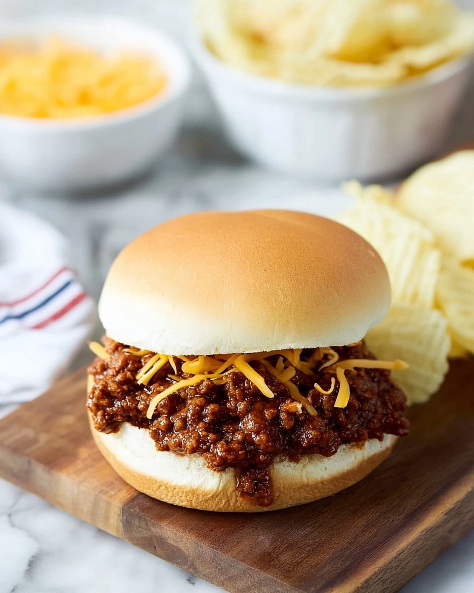 A sloppy joe sandwich with three visible layers, placed on a wooden board over a white marbled surface. The bottom layer is a white sandwich bun's base, topped by a thick, brown, textured layer of cooked ground beef mixed with sauce and bits of white onion visible throughout. Next, thin strands of yellow shredded cheese are scattered across the meat. The top layer is a soft, smooth, light tan sandwich bun crown that rests on the cheese and beef. In the background, on the same white marbled surface, there are white bowls filled with shredded yellow cheese and white sauce, and ridged potato chips stacked loosely beside the sandwich. Photo taken with an iphone --ar 4:5 --v 7
