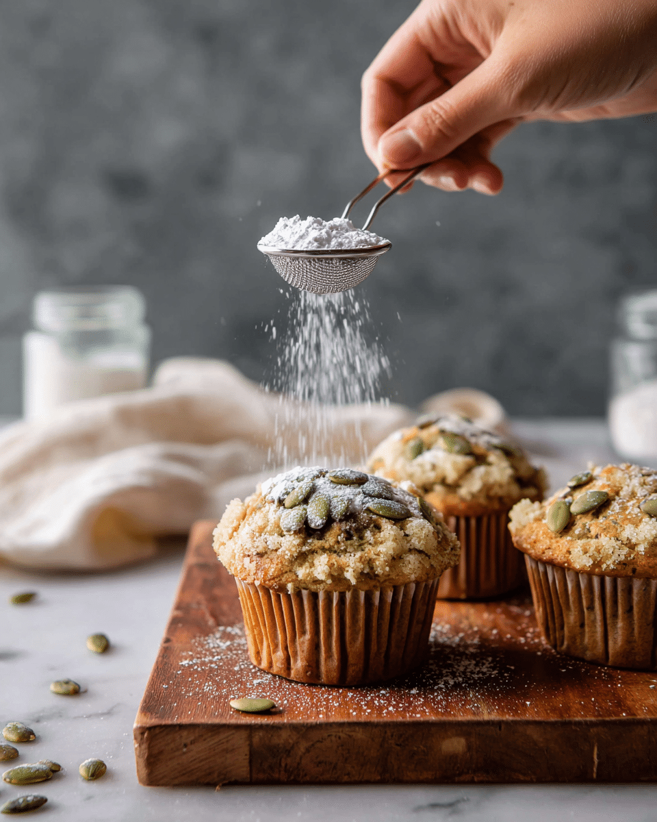 A close-up image shows three crumb-topped muffins with green pumpkin seeds on top, sitting on a wooden board. The muffin in the front is the main focus, with a crumbly, light tan topping and scattered seeds. A woman's hand above it holds a small metal sifter dusting white powdered sugar over the muffins, creating a light, snowy effect. The background is a soft grey with a blurred white cloth and jar, while the surface beneath the board is a white marbled texture. Photo taken with an iphone --ar 4:5 --v 7