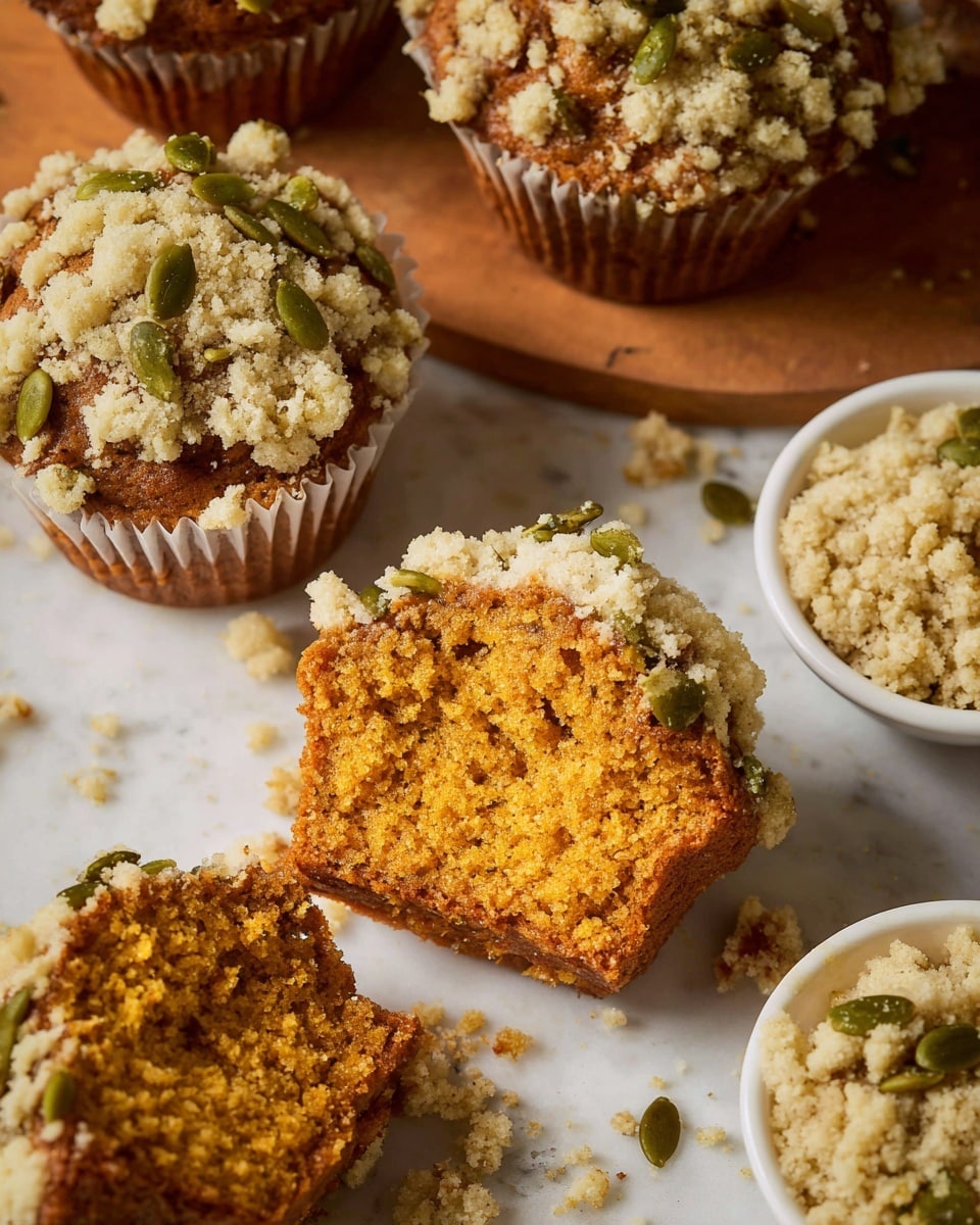 The image shows several muffins on a white marbled surface. Each muffin has two visible layers: a golden-brown, soft textured cake base, and a crumbly, pale beige streusel topping mixed with green pumpkin seeds scattered unevenly on top. One muffin is cut in half, revealing the moist inside with its fine crumb texture. The muffins are in white paper liners. Next to the muffins, there are small white bowls containing more crumbly streusel and pumpkin seeds. The overall presentation has warm tones from the muffins contrasting with the white marbled surface and bowls. Photo taken with an iphone --ar 4:5 --v 7