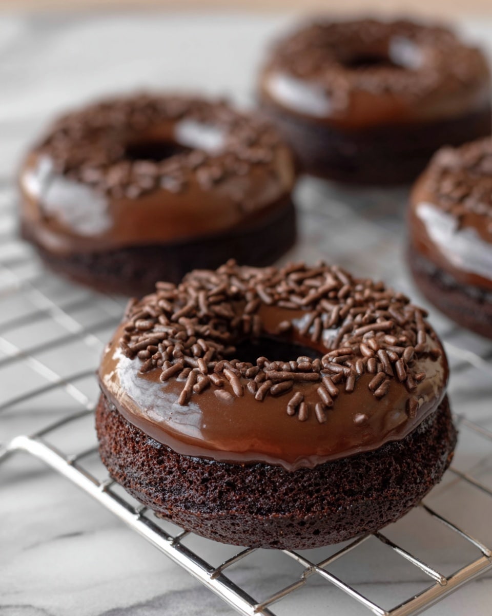 The image shows three chocolate donuts on a silver cooling rack, placed on a white marbled surface. Each donut has two visible layers: the bottom layer is a thick, dark brown, fluffy cake with a slightly rough texture, and the top layer is a shiny chocolate glaze with a smooth and glossy surface, sprinkled with small, cylindrical chocolate sprinkles mostly concentrated on the top half. The focus is sharp on the front donut, with the two donuts in the background slightly blurred. photo taken with an iphone --ar 4:5 --v 7