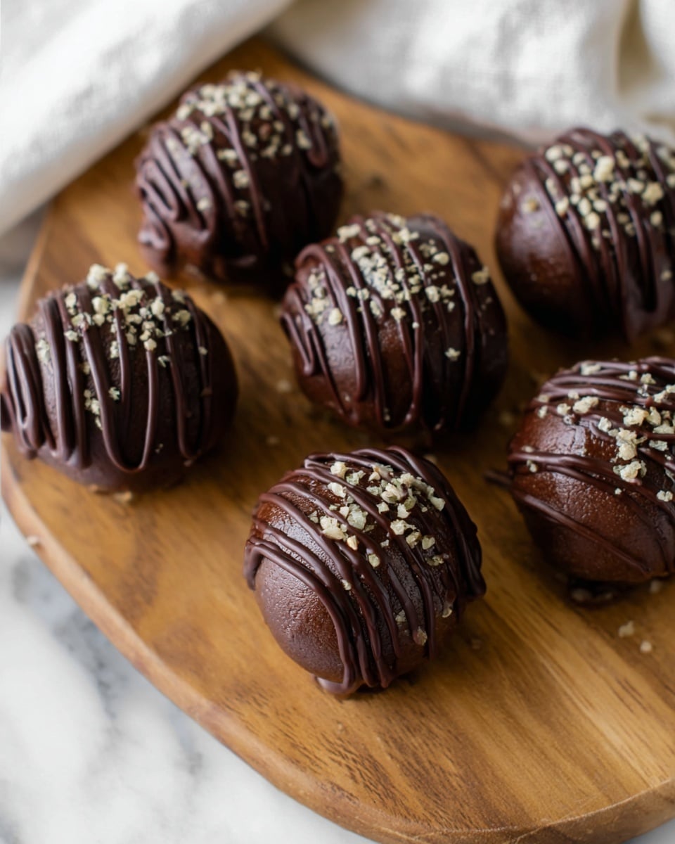 There are six round dark brown chocolate balls on a wooden board, each covered with thin, dark chocolate drizzle lines on top. Small white seed pieces are sprinkled over the drizzle, adding texture and a light color contrast to the smooth chocolate. The surface of the balls looks moist and slightly shiny, showing a rich texture under the drizzle and seeds. The wooden board has a natural grain, complementing the deep chocolate tones, and the scene is placed on a white marbled texture background with a soft white cloth edge visible on one side. Photo taken with an iphone --ar 4:5 --v 7