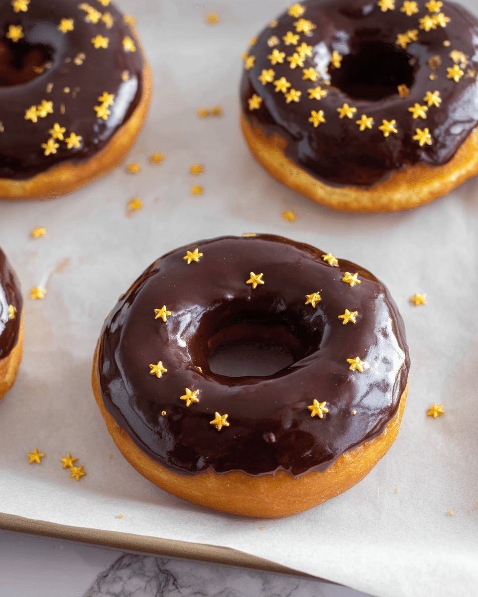 The image shows three round doughnuts with a shiny, smooth dark chocolate glaze evenly covering the top surface of each doughnut. The doughnuts have a golden-brown base that looks soft and fluffy, visible slightly around the edges under the glaze. Scattered on the chocolate glaze are small, bright yellow star-shaped sprinkles adding a playful touch. The doughnuts are placed on white parchment paper on a baking tray, with a few stray star sprinkles scattered around them on the paper. The whole scene sits on a white marbled textured surface. photo taken with an iphone --ar 4:5 --v 7