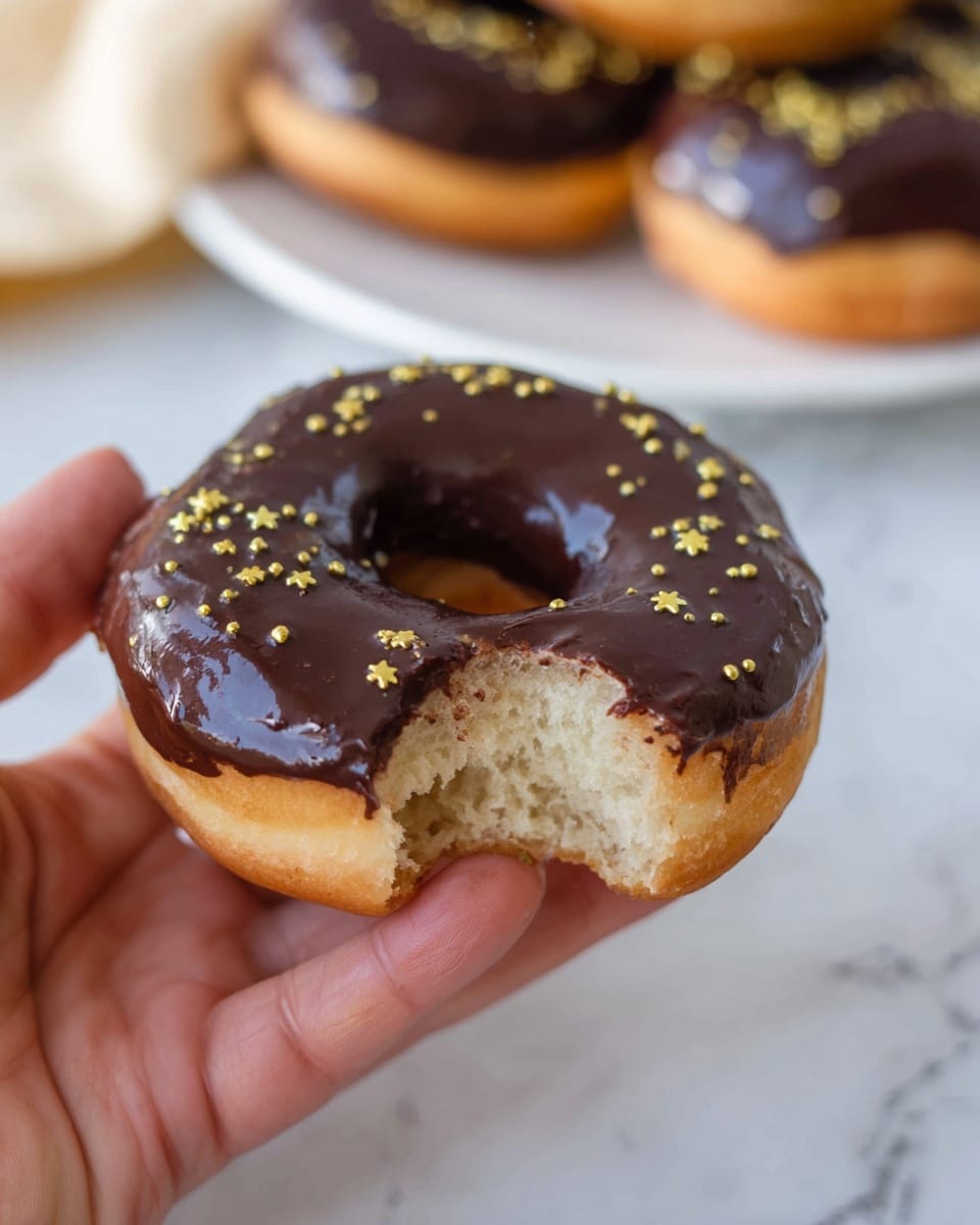 A soft, light brown doughnut with a thick, glossy layer of dark chocolate glaze covering the top, decorated with small, shiny gold star sprinkles scattered unevenly. One side of the doughnut has a bite taken out, revealing a fluffy, pale interior texture. The doughnut is held carefully by a woman's hand, showing natural skin tones and fine lines. In the background, slightly out of focus, is a white plate with more dark chocolate-covered doughnuts placed on a white marbled surface. Photo taken with an iphone --ar 4:5 --v 7