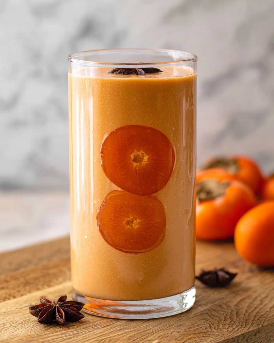 A tall clear glass filled with a smooth, creamy orange smoothie that has a slightly thick texture. Inside the glass, there are two thin, round slices of bright orange persimmon fruit placed vertically, creating a visible layer inside the drink. On top of the smoothie sits a single dark brown whole spice, adding contrast. The glass is set on a wooden surface with a white marbled texture background. Around the glass are whole persimmons and star anise, softly out of focus. photo taken with an iphone --ar 4:5 --v 7