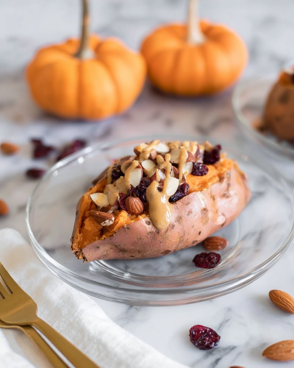 A baked sweet potato split open and placed in the center of a clear glass plate on a white marbled surface, with creamy peanut butter drizzled on top and mixed with whole almonds and dried dark cranberries. The sweet potato has a soft orange inside and reddish brown skin. Whole almonds and dried dark cranberries are also scattered around the plate. In the background, there are small orange pumpkins that are softly blurred. A gold fork rests on a white cloth napkin in the lower corner of the image. photo taken with an iphone --ar 4:5 --v 7