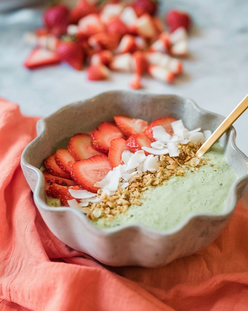 A light green smoothie base fills a scalloped light gray bowl, topped with three neat rows: sliced red strawberries on the right, a row of small white seeds in the middle, and golden toasted coconut flakes on the left. A golden spoon rests inside the bowl, with its handle extending out. The bowl sits on a soft orange cloth over a white marbled surface. In the background, chopped red and white strawberry pieces are scattered out of focus. photo taken with an iphone --ar 4:5 --v 7