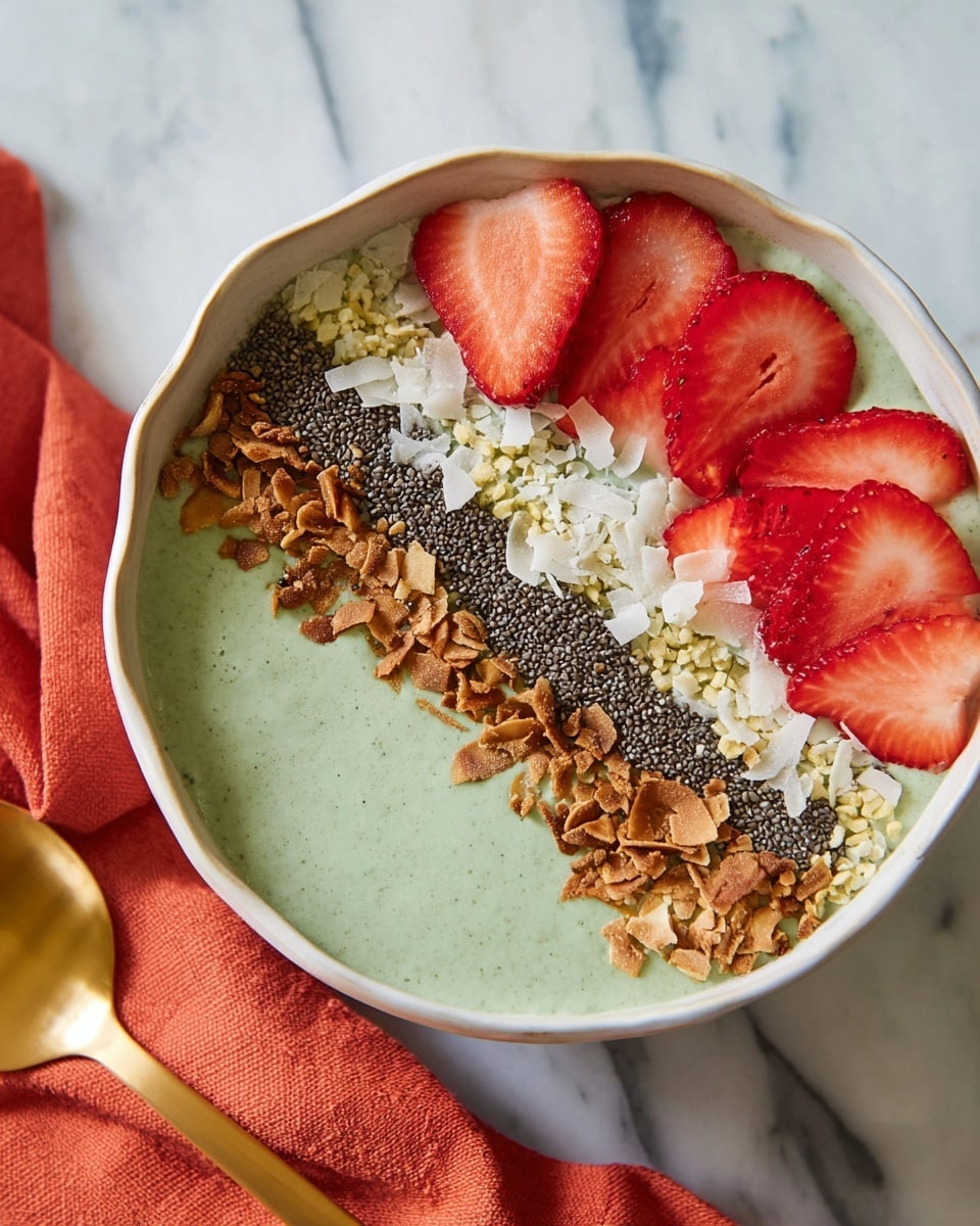 A bowl with three main layers is shown on a white marbled surface with an orange cloth next to it and a golden spoon. The bottom layer is a smooth, pale green smoothie filling the bowl. On top, in a horizontal arrangement, there is a dark brown toasted coconut flakes layer on the left, a thin strip of small pale yellow seeds in the middle, and a row of sliced strawberries with bright red color and white edges on the right. The bowl is white with a slight scalloped edge. Photo taken with an iphone --ar 4:5 --v 7