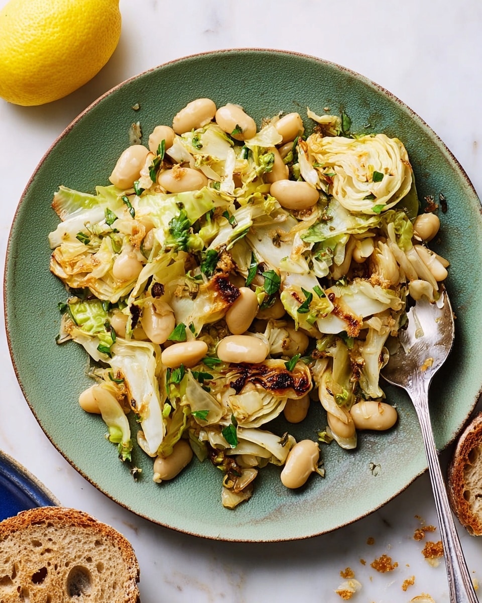 A green plate holds a warm mixture of roasted cabbage and large white beans. The cabbage is light yellow and green with some brown, crispy edges, scattered throughout. The beans are smooth and oval, mixed evenly with the cabbage. Small pieces of green herbs are sprinkled on top, adding a fresh touch. A silver fork rests on the right side of the plate with some beans on it. In the top left corner of the plate, there is a small lemon wedge. The plate is placed on a white marbled surface with a piece of rustic bread and crumbs on the right side. photo taken with an iphone --ar 4:5 --v 7