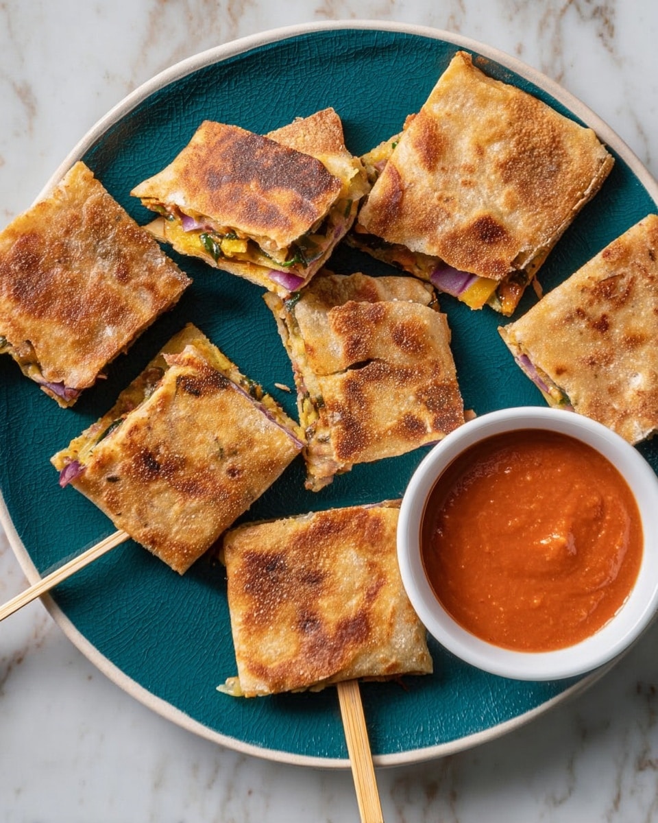 The image shows several square pieces of golden-brown flatbread with a crispy, slightly uneven texture on a white plate with a deep teal interior. Each flatbread square reveals a thin layer of filling inside that appears to include a mix of finely chopped yellow and purple vegetables. Some pieces are skewered with light wooden sticks. On the right side of the plate, there is a small white bowl containing a smooth reddish-orange dipping sauce. The whole setting is placed on a white marbled surface. photo taken with an iphone --ar 4:5 --v 7