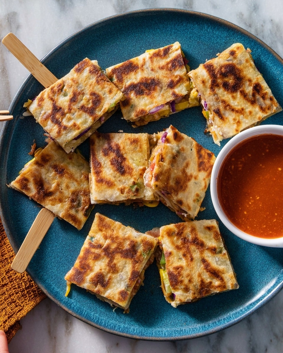 The image shows a blue plate with nine square pieces of golden-brown flatbread stuffed with layers of colorful filling including yellow, purple, and bits of green, giving a textured look to each piece. Each piece has a crispy, flaky outer layer with a warm toasted pattern. Some pieces have small wooden forks stuck into them, with one fork held by a woman's hand on the left. On the right side of the plate, there is a small white bowl filled with thick, red-orange dipping sauce. The plate is set on a white marbled surface. photo taken with an iphone --ar 4:5 --v 7