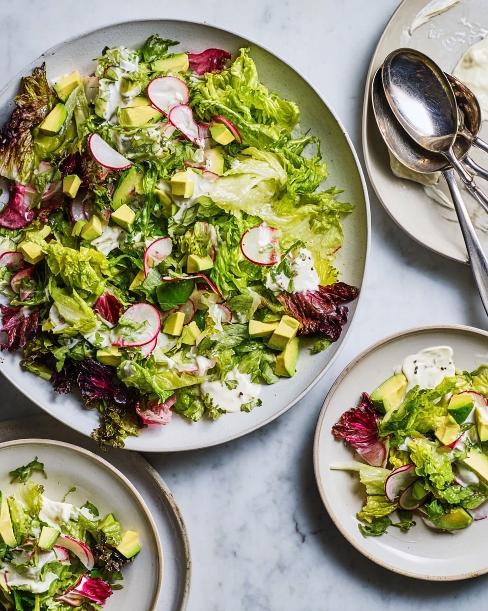 A large white plate with a salad that has two main layers: the base layer is mixed green and red lettuce leaves with different textures, some soft and some curly, covering most of the plate; the top layer consists of thinly sliced radishes and small, cubed pieces of avocado adding red and light green color. There is a creamy white dressing spread and smeared at one side of the plate under and beside the salad. Two shiny silver spoons rest on the right side of the plate, partially on the dressing. Next to the large plate are two white plates with smaller servings of the same salad, showing similar layers and colors, all placed on a white marbled surface. photo taken with an iphone --ar 4:5 --v 7