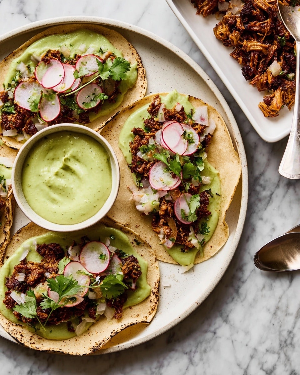 Three tacos are placed on a large round white plate with a small white bowl of green creamy sauce in the center. Each taco has a light beige tortilla with a slightly charred edge, spread with a thick layer of smooth green sauce at the base. On top, there is a layer of crispy browned meat, sprinkled with small chopped white onions, thin round slices of pink and white radish, and fresh green cilantro leaves. The plate sits on a white marbled surface, and to the right, there is a rectangular white dish holding more browned meat with a silver spoon resting inside it. photo taken with an iphone --ar 4:5 --v 7