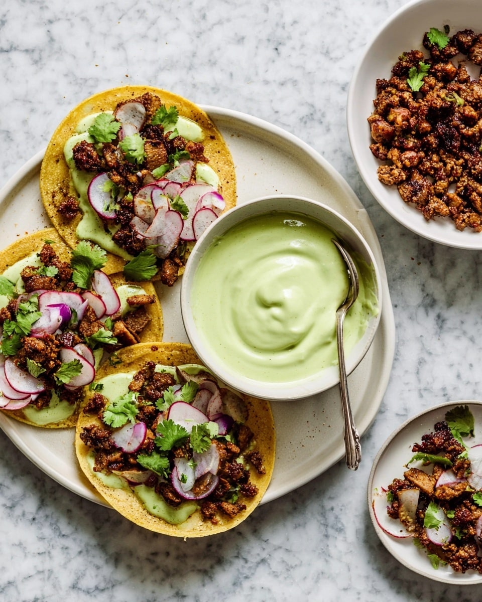 The image shows a white plate with three small tacos arranged around a white bowl filled with creamy light green sauce in the center. Each taco has a slightly toasted pale yellow corn tortilla as the base, spread with a smooth layer of the same green sauce. On top is a layer of well-seasoned, browned meat pieces, followed by thinly sliced radish rounds and small pieces of purple onion, with fresh green cilantro leaves scattered on top. To the right of the plate, a white dish holds extra seasoned meat crumbles with a silver spoon resting in it. The whole scene is set on a white marbled surface. photo taken with an iphone --ar 4:5 --v 7