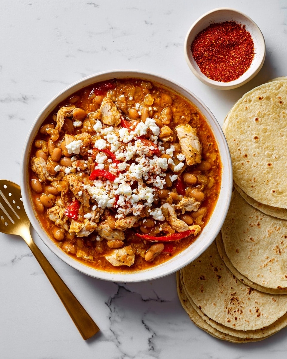A white bowl filled with a thick stew consisting of brown beans, light brown pieces of chicken, and bright red slices of bell pepper, topped with crumbled white cheese sprinkled with red chili powder. The stew has a rich orange-brown sauce. To the right, there are several white corn tortillas stacked with some overlapping, and below them sits a small white bowl with red chili powder inside. A gold slotted spoon lies to the left of the bowl. All items are placed on a white marbled surface. photo taken with an iphone --ar 4:5 --v 7