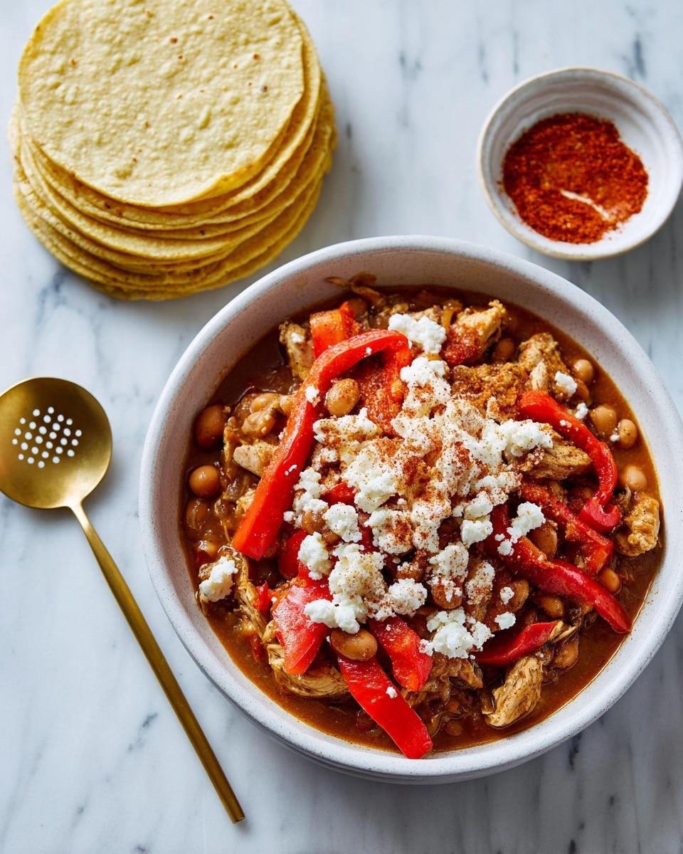 A white bowl filled with a colorful stew showing several layers: the bottom layer is a thick, brown sauce with visible small beans; on top are cooked pieces of light brown chicken mixed with bright red bell pepper strips; scattered over the top is a layer of crumbled white cheese with a dusting of red chili powder. The bowl sits on a white marbled surface next to a neat stack of round, light yellow corn tortillas and a small white bowl filled with red chili powder. To the left of the bowl is a gold slotted spoon. photo taken with an iphone --ar 4:5 --v 7