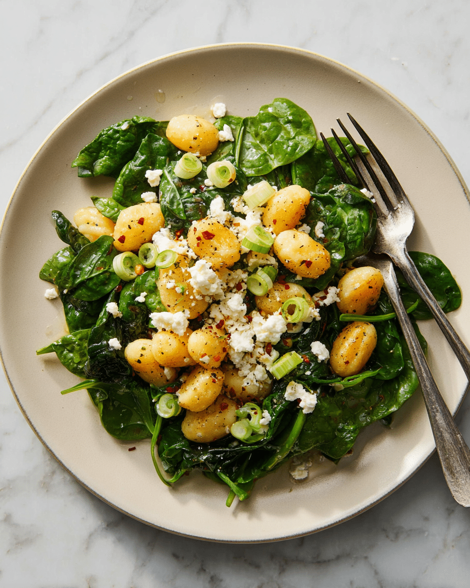 A white plate with a piled dish showing three main layers: the bottom layer is fresh, dark green spinach leaves spread out; the middle layer consists of small, golden-brown seared gnocchi scattered evenly on top of the spinach; the top layer is white crumbled cheese sprinkled over the gnocchi and greens with thin slices of light green scallions and tiny bits of red seasoning for a pop of color. A silver fork is placed on the right edge of the plate, all set against a white marbled textured surface. photo taken with an iphone --ar 4:5 --v 7