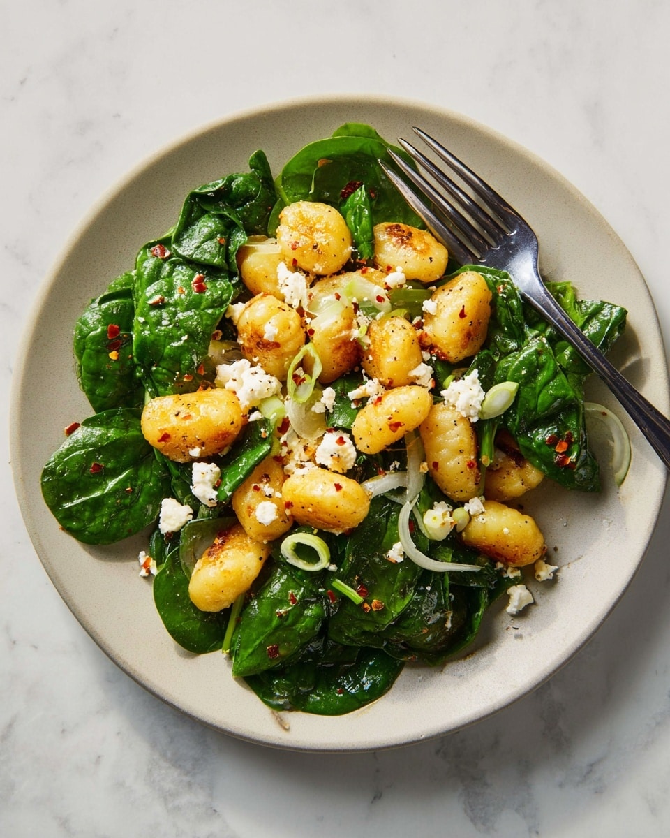 A white plate with a single layer of bright green spinach leaves spread out as the base. On top, there is a layer of golden-brown gnocchi scattered unevenly, showing some crispy edges. Small chunks of crumbly white cheese are sprinkled across the dish, adding texture and contrast. Thin slices of green onions are scattered over everything, with hints of red chili flakes adding tiny spots of red color. A fork rests on the right side of the plate on a white marbled surface. photo taken with an iphone --ar 4:5 --v 7
