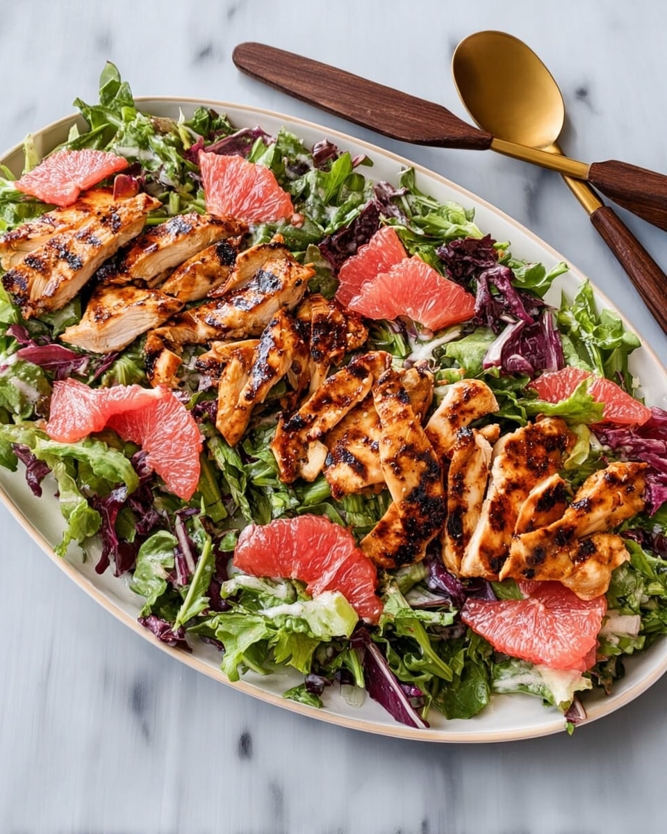 An oval white plate holds a salad with three main layers: the bottom layer is mixed green and purple leafy vegetables spread across the plate with varying sizes and textures, the middle layer consists of bright pink grapefruit chunks scattered evenly among the leaves, and the top layer features grilled chicken pieces cut into strips with a caramelized and slightly charred surface, placed evenly on top. Two gold and dark brown wooden utensils rest at the top right corner on the plate’s edge. The plate is set on a white marbled surface. photo taken with an iphone --ar 4:5 --v 7