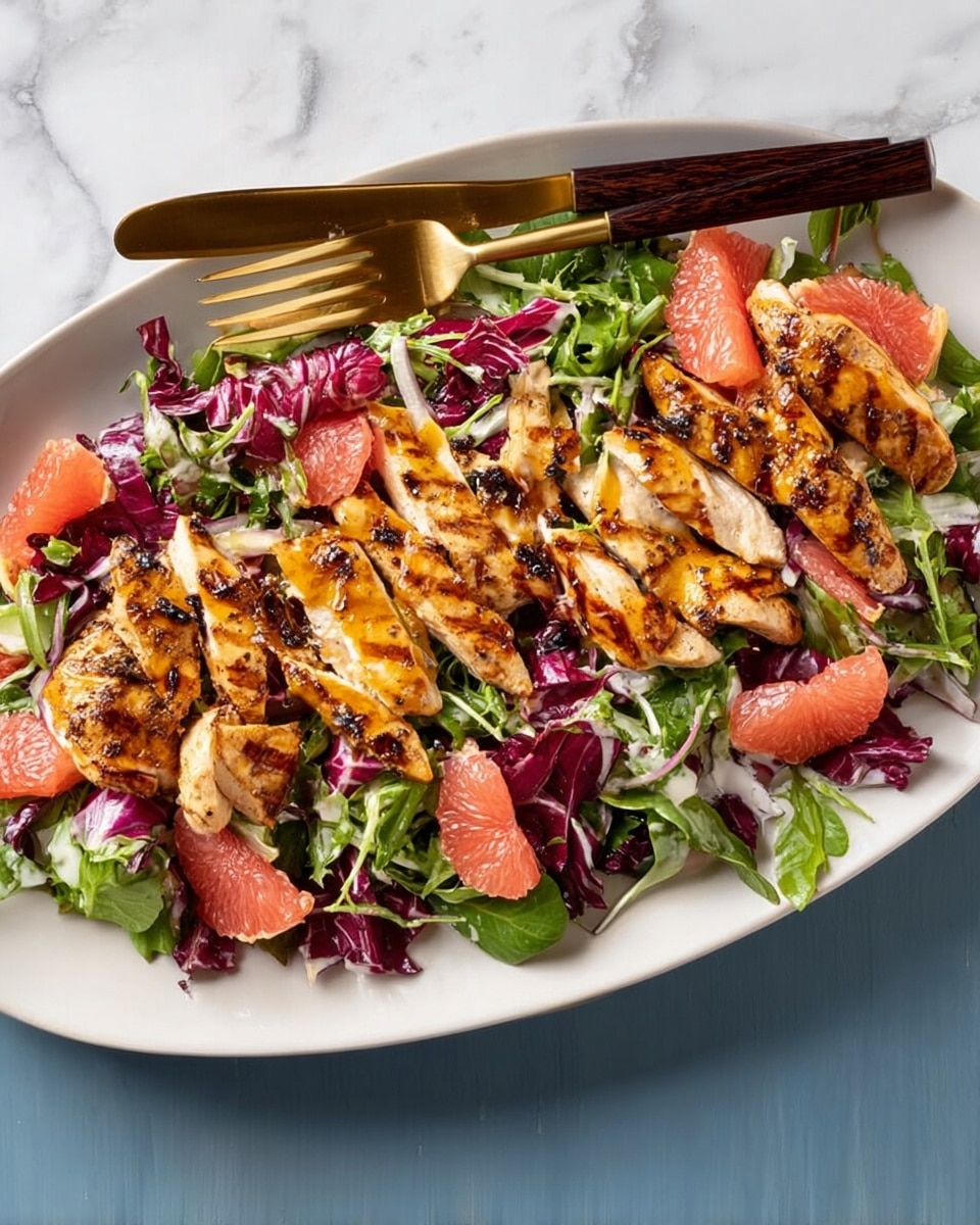 The dish is a fresh salad served on a white oval plate. The bottom layer consists of mixed green leaves and purple radicchio scattered evenly across the plate. On top of the greens, there are large chunks of pink grapefruit placed in different spots around the plate. The main top layer is grilled chicken breast, sliced into thick strips, showing a golden-brown char with grill marks. The chicken is arranged in a way that covers most of the salad in sections. The whole dish sits on a white marbled surface, with a gold spoon and fork with dark wood handles resting on the plate’s top right edge. Photo taken with an iphone --ar 4:5 --v 7
