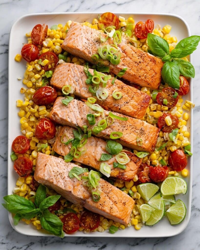 Oven-Seared Salmon with Corn, Tomatoes, and Lime Recipe
