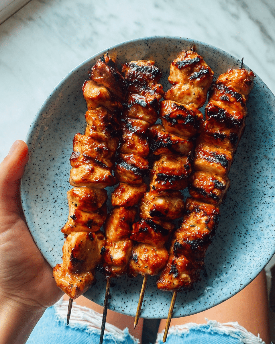 A white woman's hand holds a blue speckled plate filled with four skewers of grilled chicken. Each skewer is layered with evenly cut chicken pieces that are golden-brown with charred, dark grill marks. The chicken looks juicy and shiny with a glaze that reflects light, and the pieces appear slightly caramelized on the edges. The background shows distressed light blue denim shorts, and the surface underneath is a white marbled texture. photo taken with an iphone --ar 4:5 --v 7