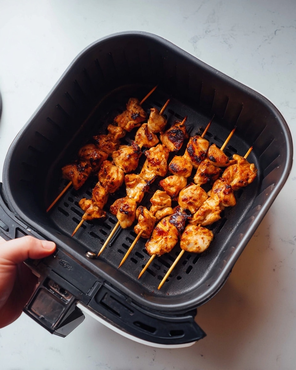 Inside a dark gray air fryer basket, there are five wooden skewers lined up, each holding several pieces of grilled chicken. The chicken pieces are golden brown with some darker char marks, showing a slightly crispy texture. The basket rests on a white marbled surface, and a woman's hand is gently holding one corner of the air fryer basket. photo taken with an iphone --ar 4:5 --v 7